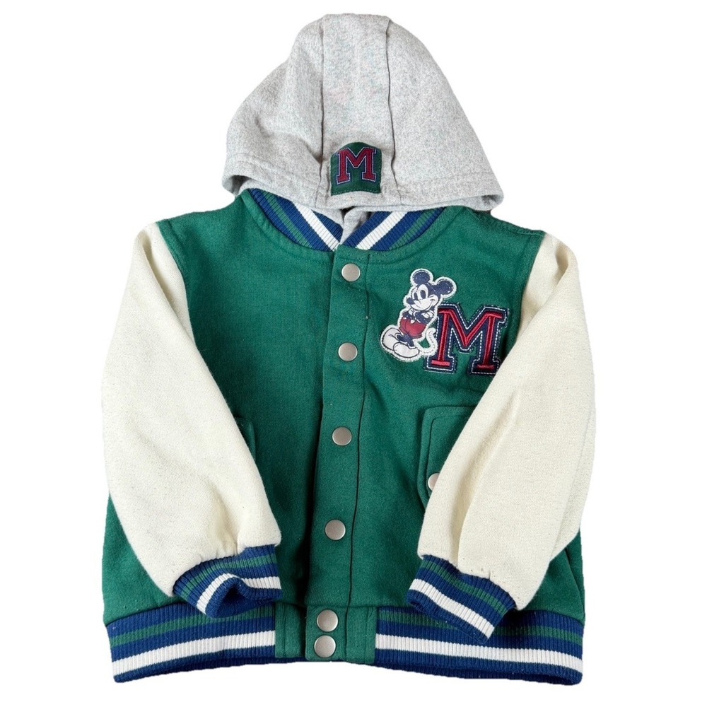 Disney Mickey Mouse Varsity Jacket Kids 3T Green Hooded Letterman Coat